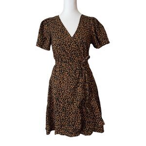 Madewell XS Wrap Mini Dress Flutter Sleeve Painted Leopard Vneck Casual